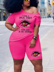 Women's Slogan & Eye Print Top & Shorts Set
