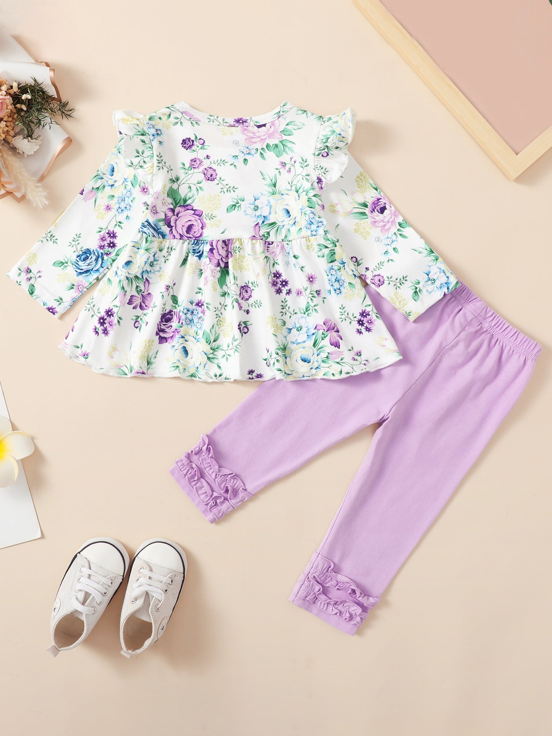 2pcs Baby Girl Flower Print Dress Top & Trousers Set