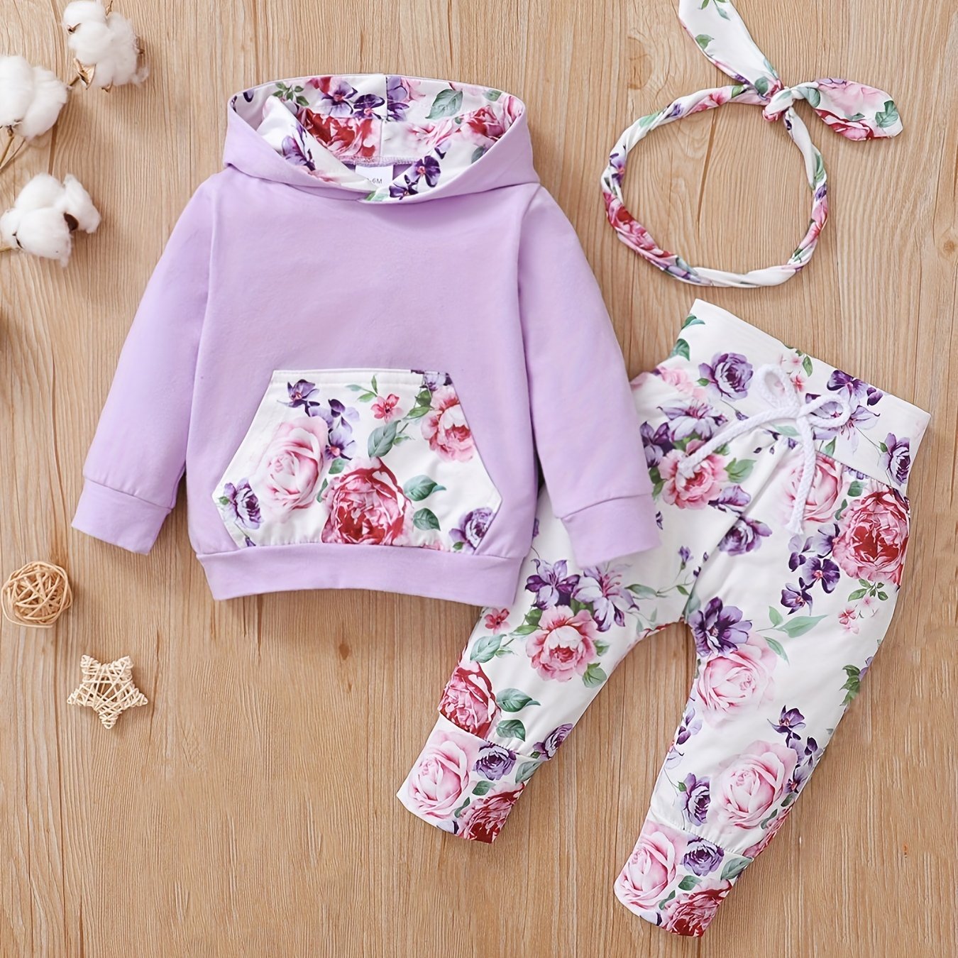 Girls Casual Floral Print Outfit Hoodie & Pants & Headwear Set