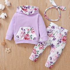 Girls Casual Floral Print Outfit Hoodie & Pants & Headwear Set