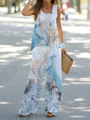 Marble Print 2pc Set Sleeveless Top & Wide Leg Pants Womens Outfit