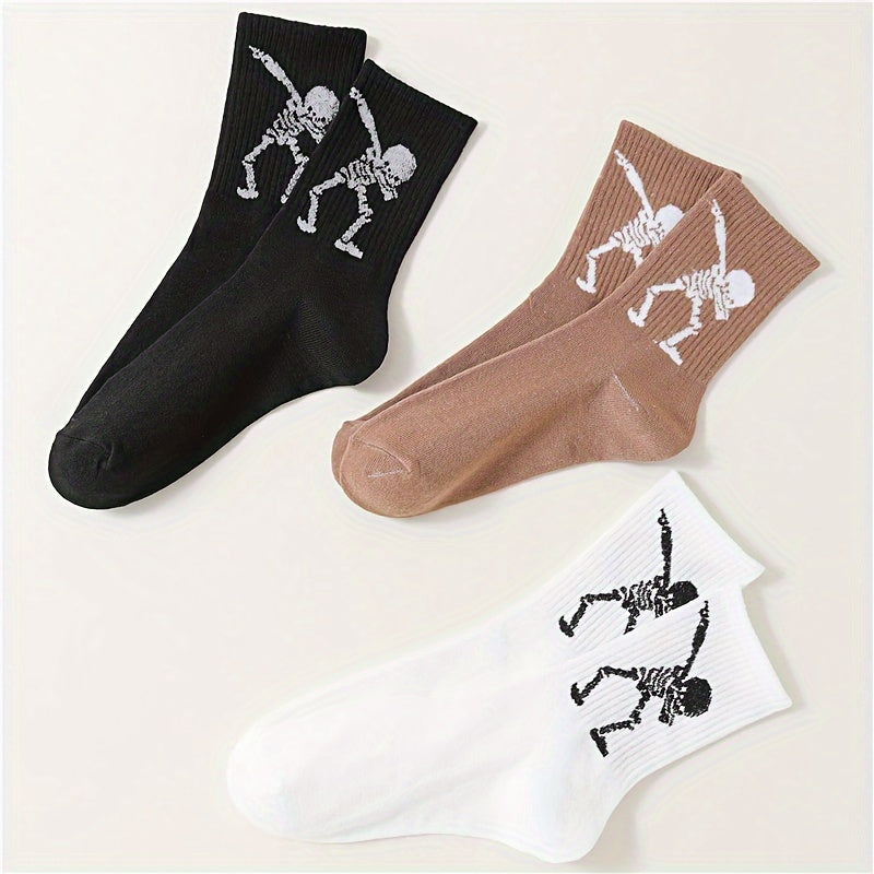 3 Pairs Skull Print Socks Halloween Crew Socks Women's Stockings