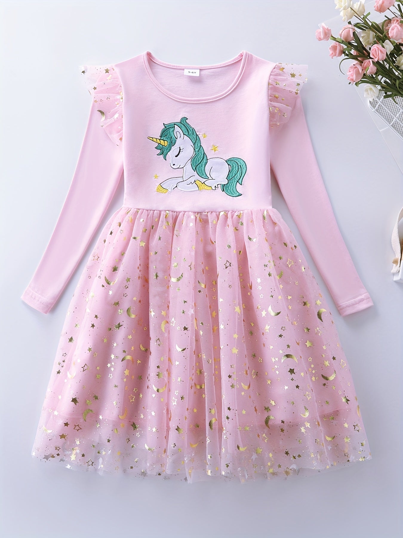 Girls' Sun & Moon Sequins Long Sleeve Princess Dress with Unicorn Embroidery