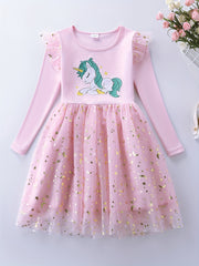 Girls' Sun & Moon Sequins Long Sleeve Princess Dress with Unicorn Embroidery
