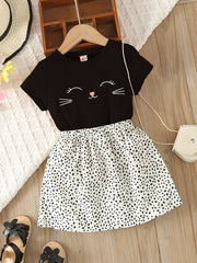 Toddler Girl's Kitty Print Tee & Dots Skirt Set