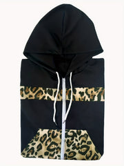 Leopard Print Casual Two piece Set Hooded Tops & Long Length S