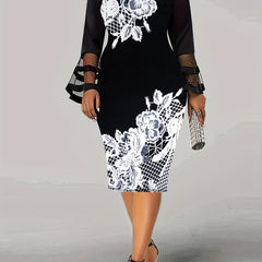 Women's Floral Bell Sleeve Bodycon Midi Dress