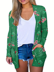 Women's Plus Bell & Snowflake Print Long Sleeve Cardigan