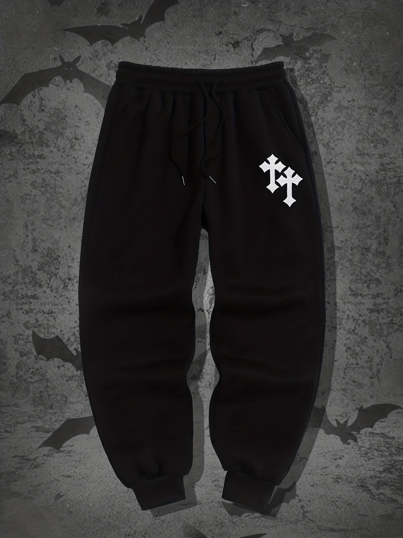 Crucifix Pattern Fleece Joggers Men's Warm Stretch Waist Sweatpants