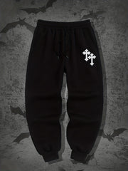 Crucifix Pattern Fleece Joggers Men's Warm Stretch Waist Sweatpants