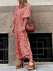 Vacation Tiered Maxi Dress Lace Up Neckline Casual Dress