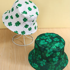 Lucky Clover Print Bucket Hat Green Sunscreen Fisherman Cap