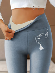 Cat Print High Waisted Tummy Control Fleece Lined Yoga Pants