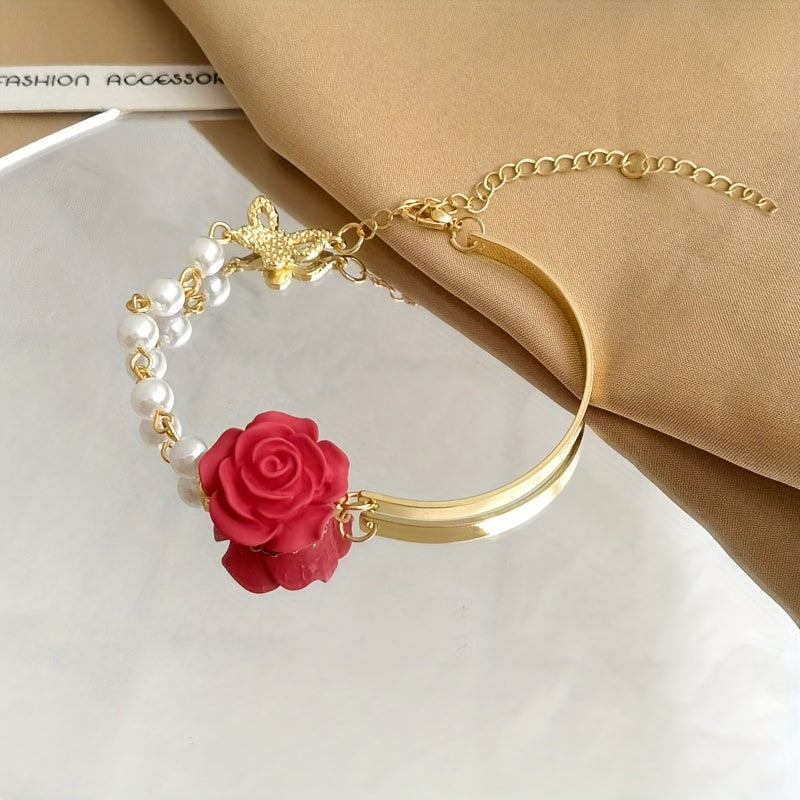 Red Rose & Pearl Flower Bracelet French Niche Sense Bow Hand Jewelry