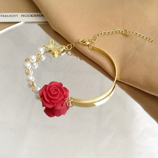 Red Rose & Pearl Flower Bracelet French Niche Sense Bow Hand Jewelry