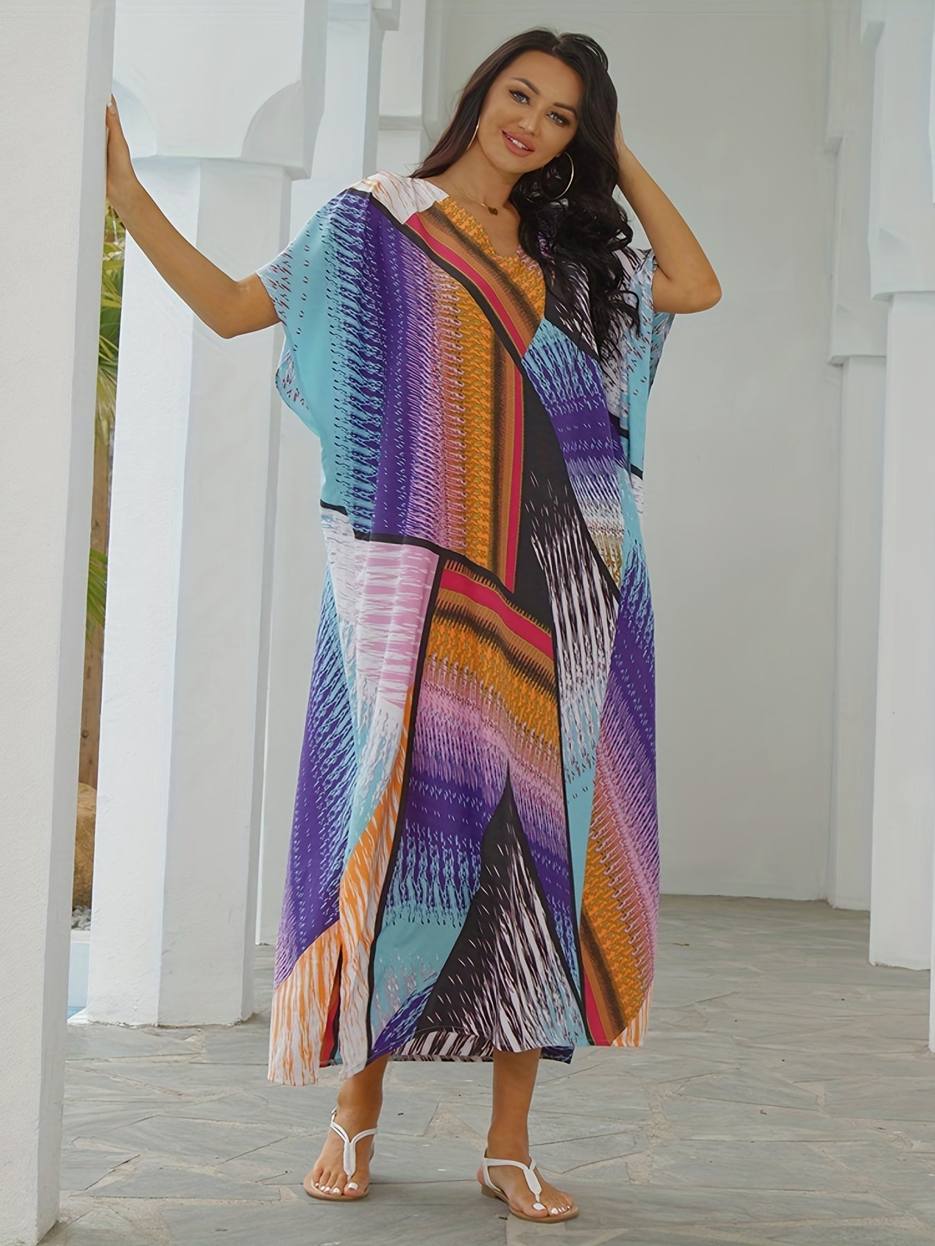 Boho Cover Up Women's Plus V Neck Geometric Print Short Sleeve