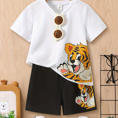 Boys Tiger Graphic Casual Outfit Round Neck T shirt & Shorts