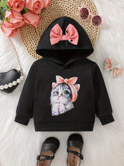 Baby Girls Kitty 3D Print Bow Hooded Sweatshirt Kids Stylish Hoodie