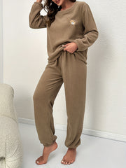 Bear Pattern Pajama Set Long Sleeve Round Neck Top & Pants Women's Sleepwear