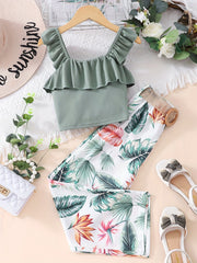 Girls 2pcs Outfits Ribbed Ruffle Tank Top & Plant Print Pants Set