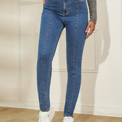 Solid Pintuck Tapered Jeans High Rise Slash Pocket Denim Pants