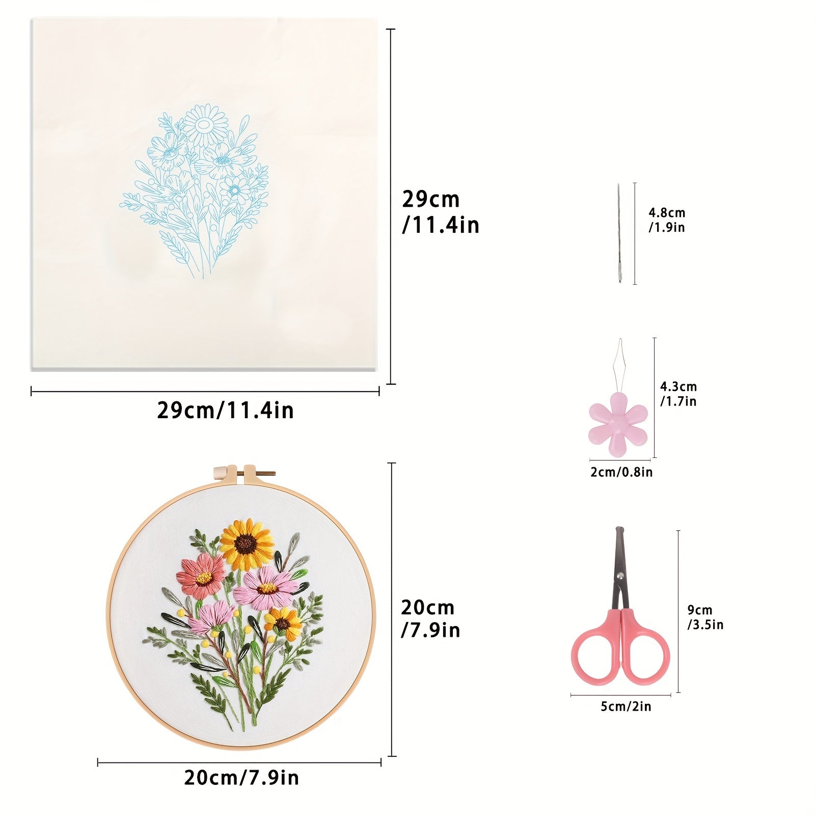 Adult Embroidery Starter Kit: Flower Patterns, Hoop, Thread, Needles
