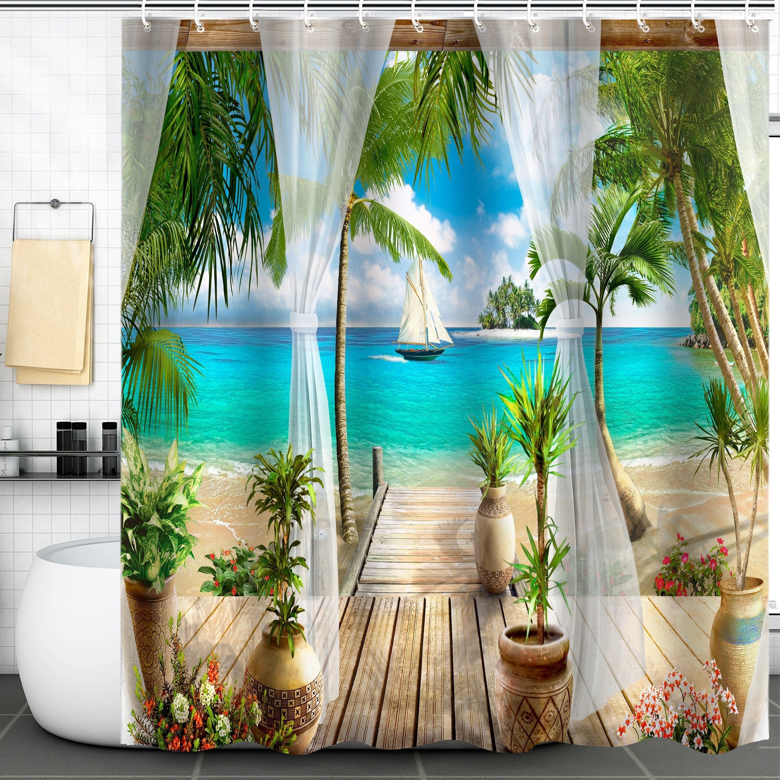 Seaside Courtyard Shower Curtain Summer Vacation Decoration