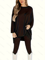 Solid Long Sleeve Top & Leggings Two Piece Set