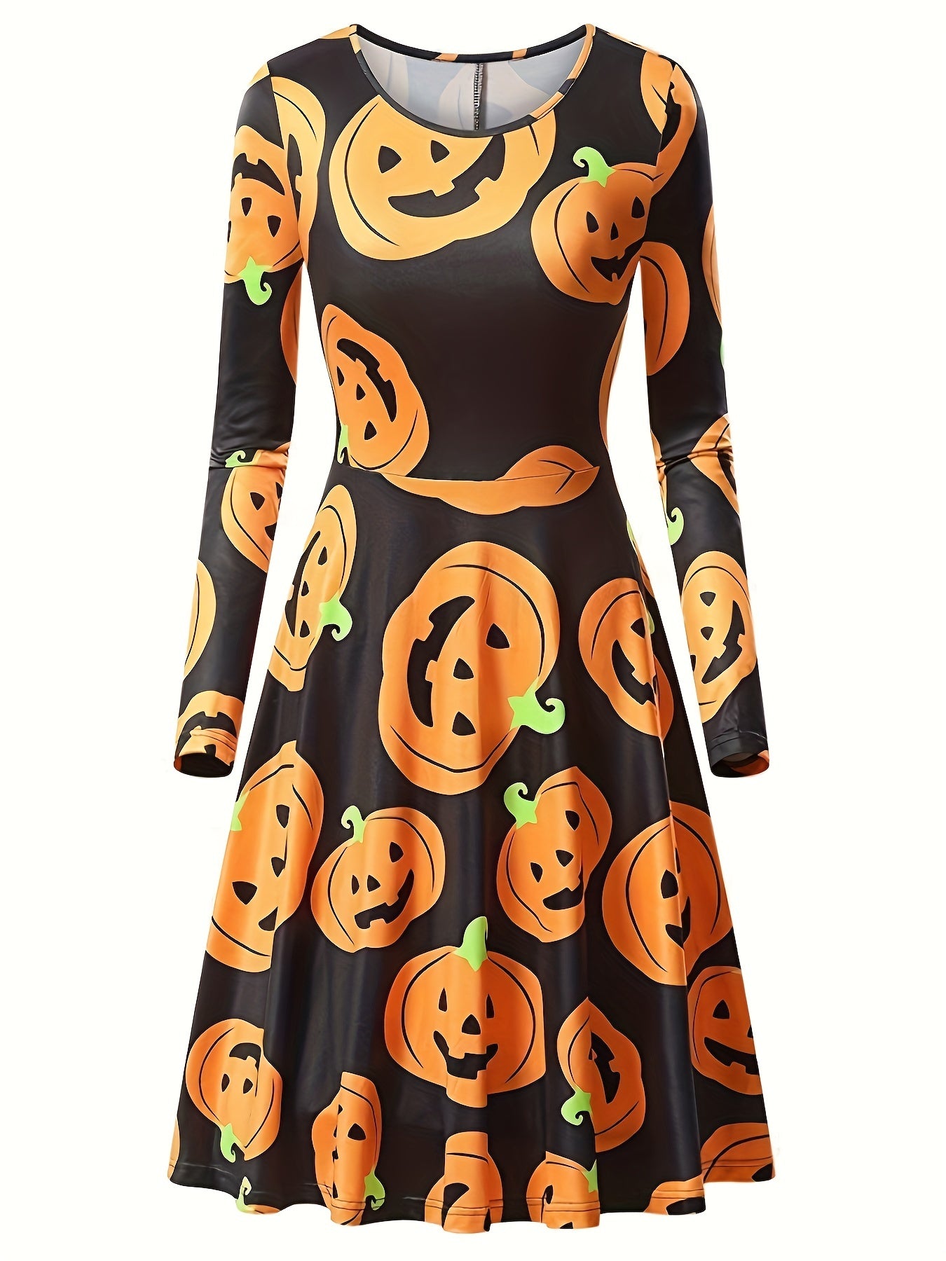 Women's Plus Allover Print Long Sleeve Round Neck A line Dress