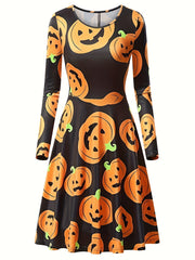 Women's Plus Allover Print Long Sleeve Round Neck A line Dress