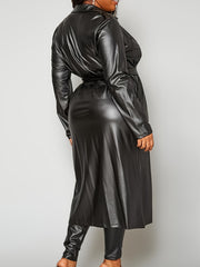 Solid PU Leather Longline Coat & Leggings Outfit Set