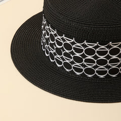 Straw Jazz Sun Hat Women Wide Strap Decor British Style Flat Top Fedora Cap