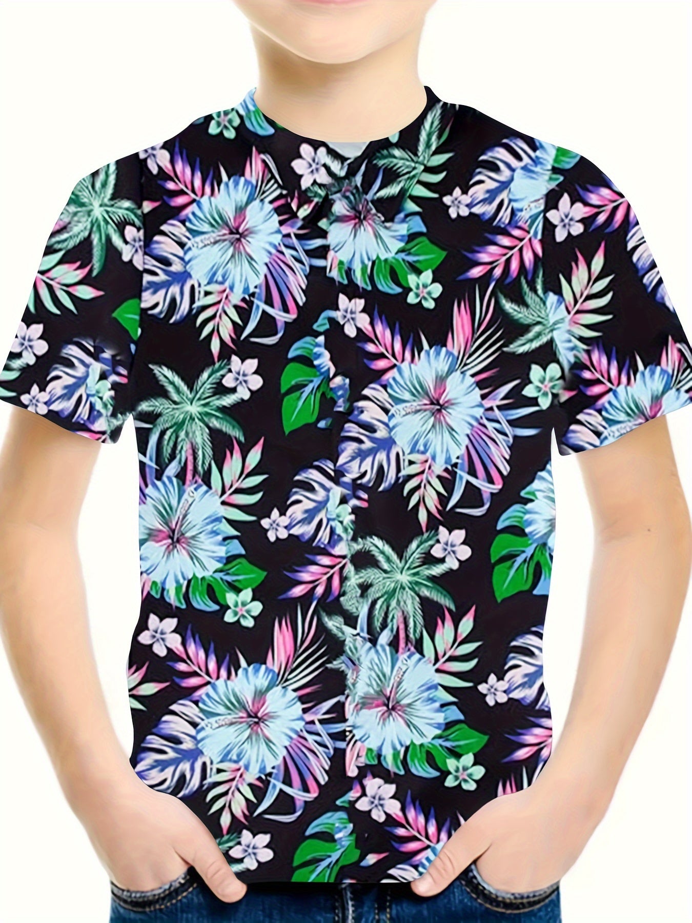 3D Flower Graphic Short Sleeve T-Shirt for Girls and Boys
