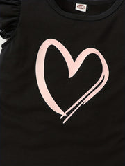 2pcs Toddler Girls Heart Graphic Ruffle Trim T Shirts & Belted Shorts Set