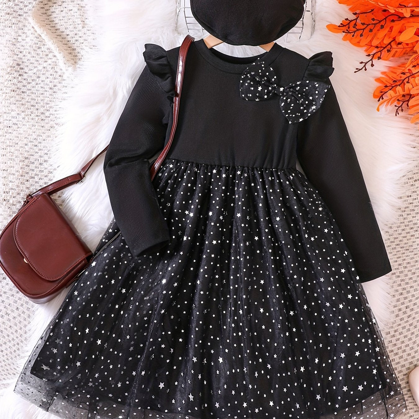 Youth Girl Starry Sky Spliced Mesh Long Sleeve Bowknot Party Dress Set