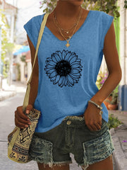 Sunflower Print V Neck Tank Top Women's Clothing