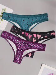 3 Pack Plus Size Thongs Set Women's Plus Lace Heart Print Medium Stretch