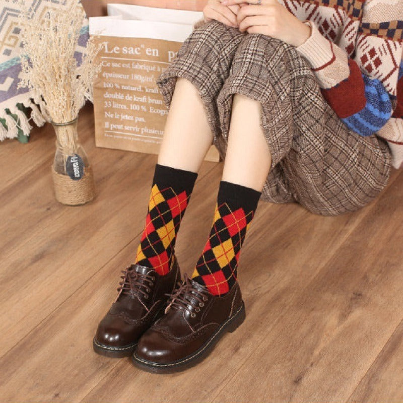 Colorblock Plaid Socks Breathable College Style Women Stockings