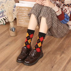 Colorblock Plaid Socks Breathable College Style Women Stockings