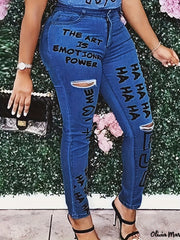 Women's Letter Print Ripped High Rise Skinny Jeans