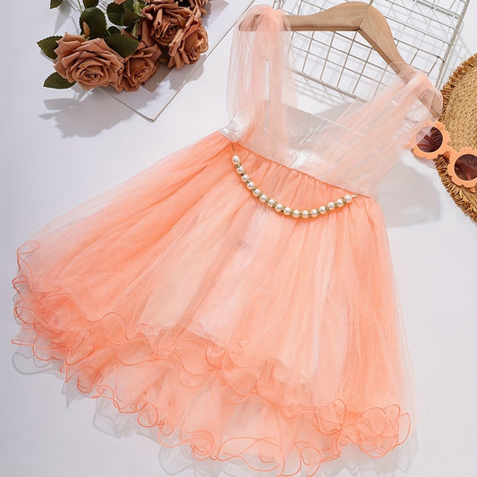 Girls Mesh Cover Up Overall Dress With Pearl Chain Decor