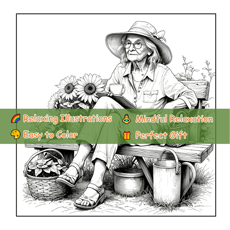 Senior Gardener Coloring Book - Relaxing Scene with Elderly Woman and Flowers