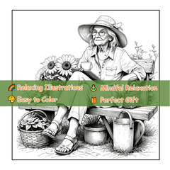 Senior Gardener Coloring Book - Relaxing Scene with Elderly Woman and Flowers