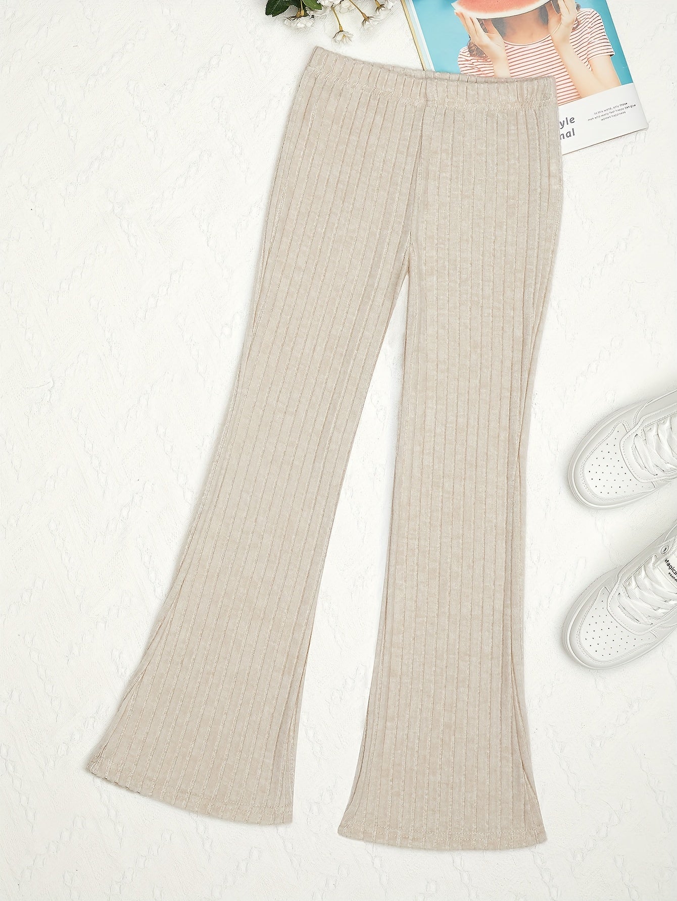 Girls Ribbed Flare Pants High Waist Loose Fit Solid