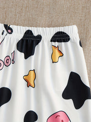 Cow Print Pajamas Set Short Sleeve Crew Neck Top & Shorts & Pants