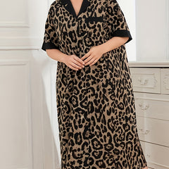 Leopard Print Lounge Dress Short Sleeve Button Up Sleep Dress