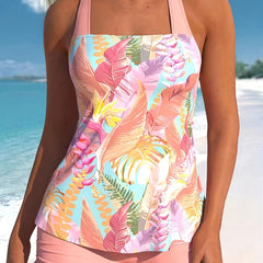 Boho Tankini Set Criss Cross Halter Neck Tropical Print