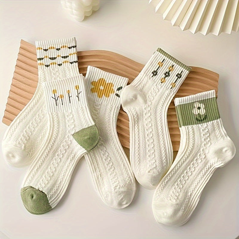 5 Pairs Floral Print Socks Women's Mid Tube Stockings