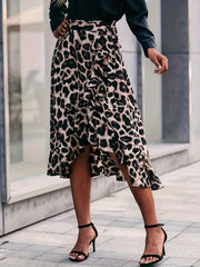 Leopard Print Ruffle Trim Skirt Boho Tie Waist Skirt