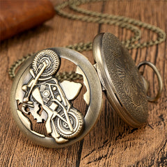 Vintage Bronze Hollow Out Motorcycle Pocket Watch